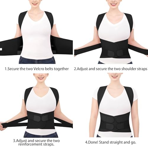 Posture Corrector for Women and Men, Full Back Brace for Posture Support, Adjustable Shoulder Straightener with Waist Belt, Breathable Upper Back Brace for Hunchback Posture, Daily Back Support Black, Medium
