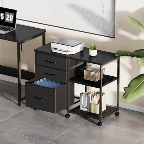 Maihail 3 Drawer File Cabinet with Wheels with Open Storage Shelf, Black