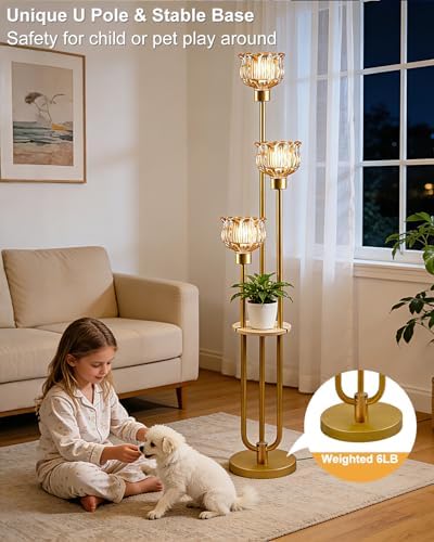 Lightdot Flower Glass Floor Lamp with Shelf Amber Floral Gold Floor Lamps