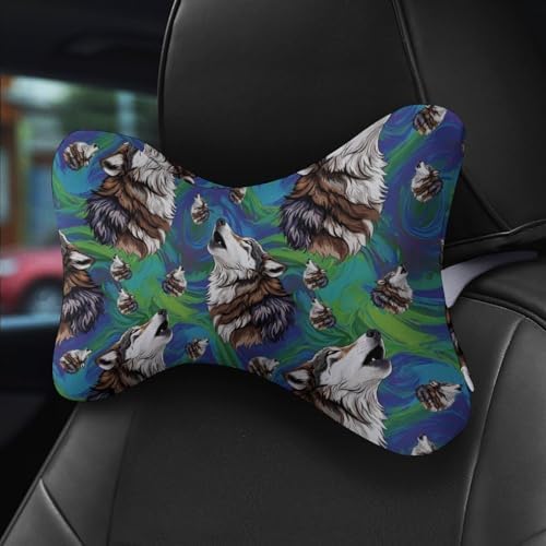 2 Pack Car Headrest Pillow Wolf Memory Foam Neck Pillow with Adjustable Strap for Driving Travel