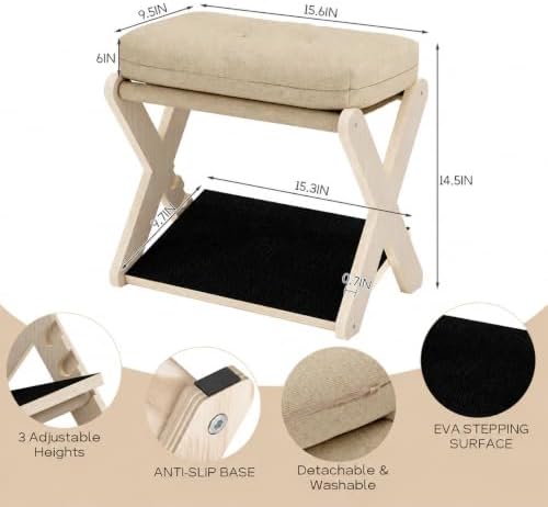 Adjustable Foot Rest Under Desk at Work, 16.6" Wide Wooden Ergonomic Footstool with 3 Height Options, Linen Cushion, Non-Slip EVA Stepping Surface & Posture Support for Office, Home & Gaming