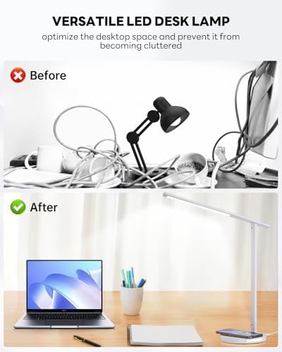 Upgraded LED Desk Lamp with Wireless Charger, Stepless Dimmable Foldable Table Lamp for Home Bedroom Office Sturdy Room, 3 Color Temperatures, Memory Function