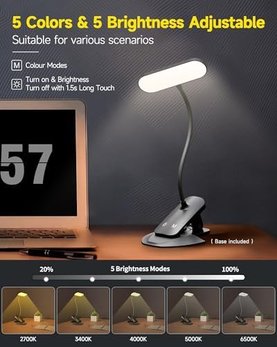 CUHIOY Rechargeable Clip on Light, Bed Headboard Reading Lamp, Black