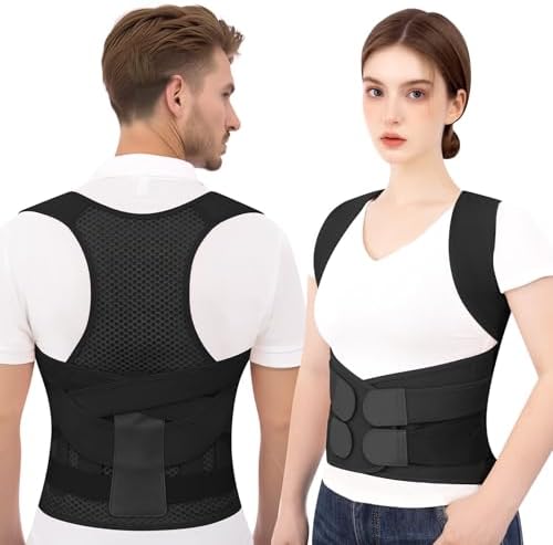 Posture Corrector for Women and Men, Full Back Brace for Posture Support, Adjustable Shoulder Straightener with Waist Belt, Breathable Upper Back Brace for Hunchback Posture, Daily Back Support Black, Medium