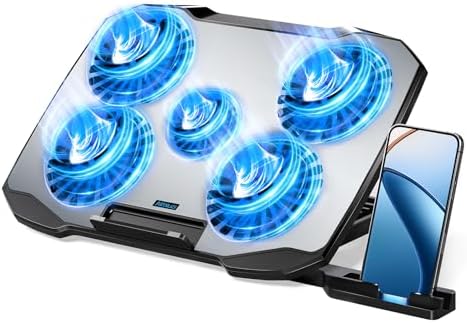 AIMIUZI Laptop Cooling Pad,Gaming Laptop Cooler with 5 Quiet Fans for 12-15.6 Inch,Laptop Cooling Stand with 5 Height Adjustable,2 USB Ports, Phone Stand
