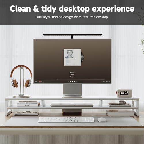 Dual Monitor Stand Riser for Desk, 41.7 Inch Large 2 Tier Computer Monitor Stand for 2 Monitors, Desktop Storage Organizer Shelf with Keyboard Space for Laptop PC Printer White