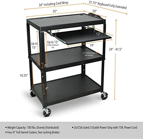Line Leader Extra Wide Rolling AV Cart - Adjustable Shelf Height Computer Stand Workstation, Includes Pullout Keyboard Tray, Lockable Wheels, Power Cord Management (Black, 42in x 32in x 20in)