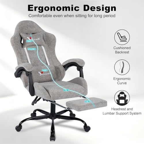 Fabric Gaming Chair for Adults, Ergonomic Computer Office Desk Chair with Footrest,Pocket Spring Cushion, Reclining High Back Silla Gamer for Home Office, Light Grey