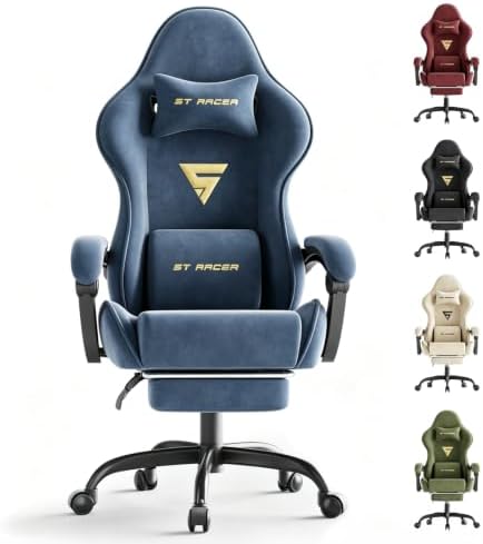 Soontrans Grey Velvet Gaming Chair with Footrest, Ergonomic Reclining Computer Desk Chair, Massage Lumbar Cushion & Headrest, Comfortable Video Game Chair for Adults