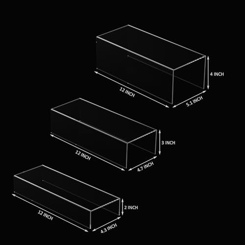 Sezanrpt Clear Riser Display Shelf 3pcs, Desktop Rectangular Acrylic Display Shelves Storage Organizer, Acrylic Stands for Funko Pop Figure, Bags, Shoes, Spice Jars, Skincare, Cosmetics - 12-2'', 3'',
