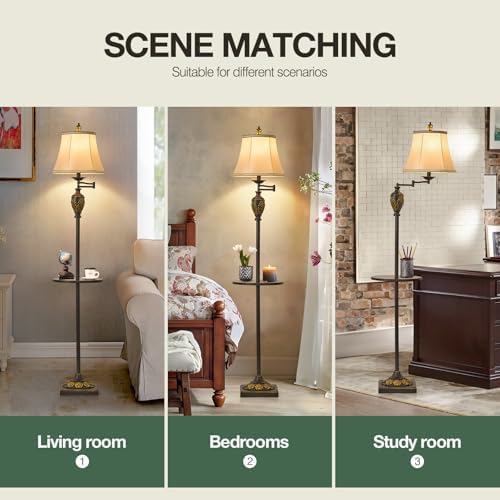Traditional Floor Lamp with Tray, Remote Dimmable, 350°Swing Arm,Black Gold
