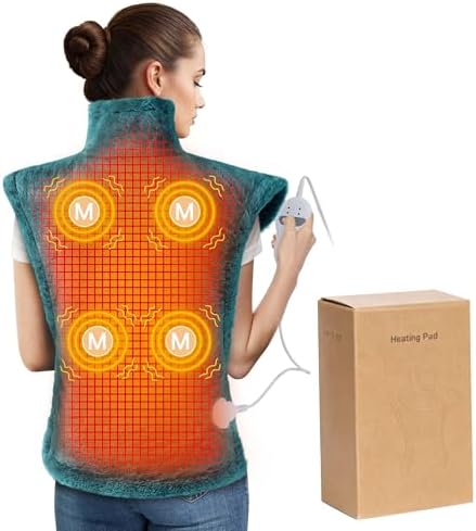 Electric Heating Pad for Neck and Shoulders and Back, 24" x 35" Large Heated Blanketwith 2 Heat Levels, 4 Massage Settings, 4 Massage Motors, Auto Shut-Off, Green