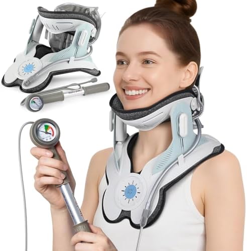 3-in-1 Cervical Traction Device, Neck Stretcher with Air Collar: Neck Pain Relief, Posture Correction & Spine Alignment in Minutes a Day - Portable Neck Brace with Manual Pump