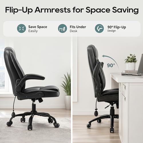 MALOL Leather Office Chair, Home Desk Chair with Flip-up Arms, Black