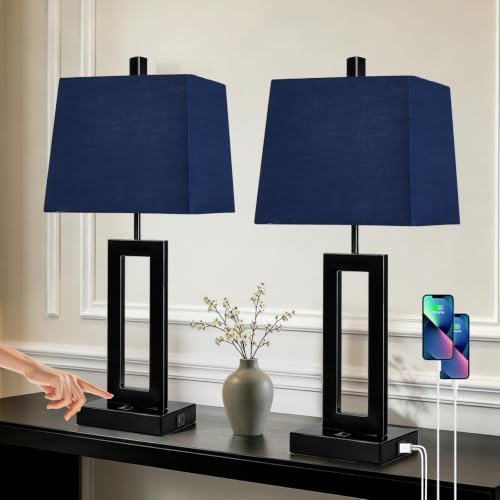 Cinkeda Blue Bedside Table Lamp Set of 2, Nightstand Lamps with USB Ports