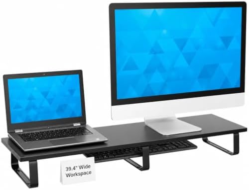 Mount-It! 39" Extra Long Dual Monitor Stand Riser – Ergonomic Desk Organizer for 2 Monitors, Laptop, TV, or Printer – Heavy-Duty Steel & Wood Desktop Shelf with Storage – Supports 44 Lbs – Black