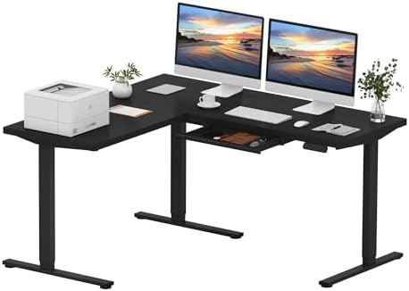 SANODESK Electric L-Shaped Corner Standing Desk with Drawer，63x55