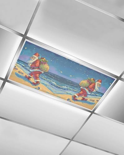 Christmas Beach Magnetic Fluorescent Light Covers for Ceiling Lights 2 x 4 Feet,Santa Claus Palm Trees Sandy Blue Office Classroom Kitchen Drop Ceiling Light Covers Lighting Filters Shade Panel 1 Pack