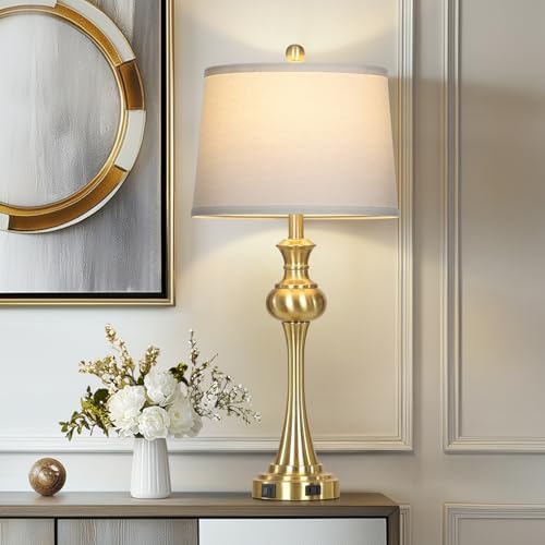 Cinyirong 28.75" Gold Table Lamps Modern 3-Way Touch Control Dimmable Bedside Lamp with USB A+C Ports & AC Outlets for Living Room Bedroom Nightstand Lamp (Bulb Included)