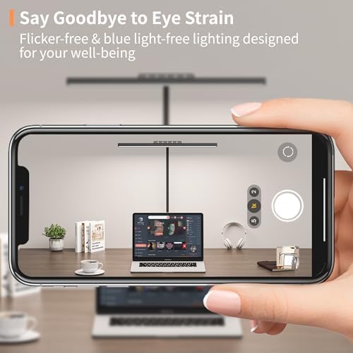 Black LED Desk Lamp, 24W Anti-Glare Eye-Caring Computer Light, Flexible Desk Light with Gooseneck, Memory Function with Auto-Dimming, Kids Desk Lamp with Clamp Base for College Dorm Room