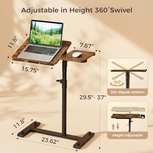 YUHFERA Rolling Table for Laptop Stand, Height and Angle Adjustable Over Bed Table with Wheels, Tilt-Top Laptop Desk for Couch with Cup Holder, Bed Table Tray for Eating (Brown)