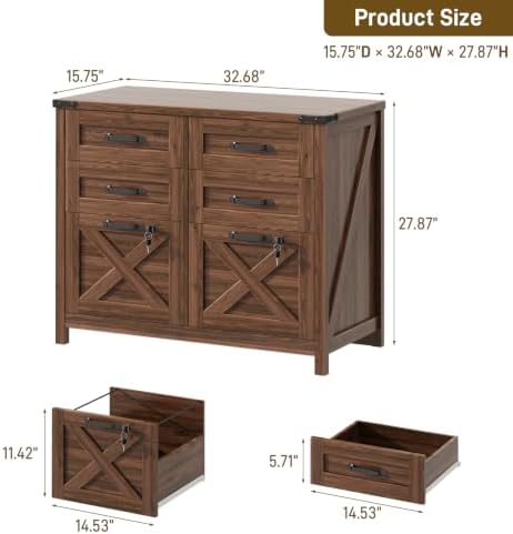 Halitaa Farmhouse Lateral File Cabinet with 6 Drawers, Walnut
