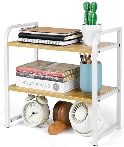 Desktop Shelf Organizer Office Desk Shelf for Top of Desk Wood & Metal Bookshelf Supplies Storage Rack (White&Walnut)