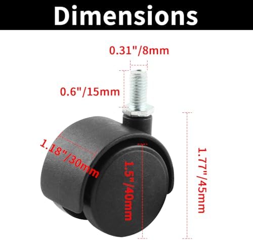 HOWDIA 4 Pack 1.5 Inch Swivel Caster Wheels for Cart, M8-1.25×15mm Threaded Stem Heavy Duty Casters, Nylon Wheels Replacement for Furniture, Table, Cabinet, Shelf（No Brake）