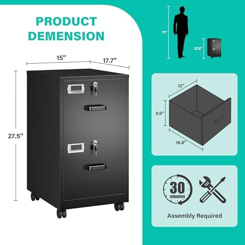 SISESOL 2 Drawer File Cabinet on Wheels,Metal Filing Cabinet with Lock,Black Rolling File Cabinets with Casters,Under Desk Office Cabinets for Home Office,Fit A4/Letter/Legal,Easy Assembly