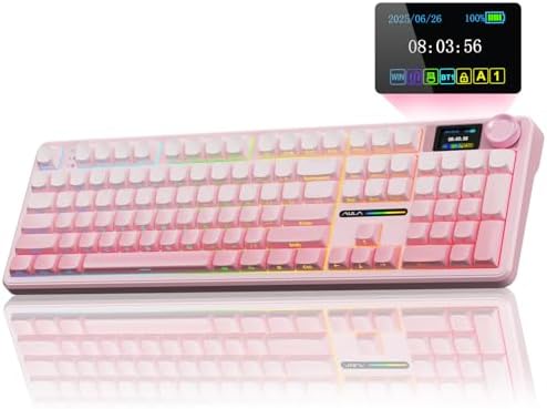 AULA F108 PRO - Wireless Mechanical Keyboard with Screen & Knob,Full Size Keyboard with 8000mAh Battery,Pre-lubed Switches,Side Printed PBT Keycaps,RGB Backlit Hot Swappable Custom Pink Keyboards