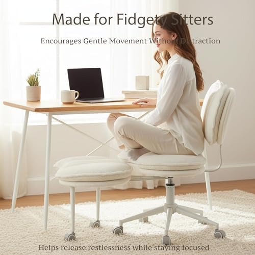 Cross Legged Chair with 360° Swivel Footrest, Criss Cross Office Chair for Plus Size, Teddy Fleece Armless Desk Chair with Wheels, Memory Foam Cozy Active Sitting Chair for Home Office,