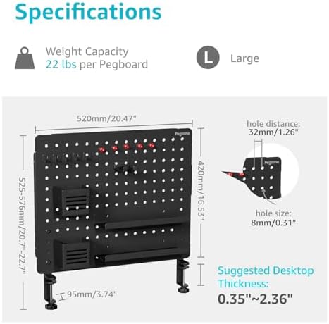 PEGZONE Clamp on Desk Pegboard, 20.4" x 16.5", with 15 Accessories, Black