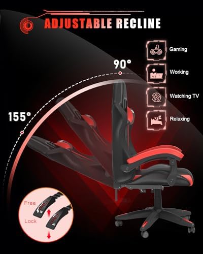 Bigzzia Gaming Chair with RGB LED Lights for Kids & Adults, High Back Ergonomic Computer Gamer Chair with Headrest and Lumbar Support, Racing Style Reclining Game Chair (Black/Red)