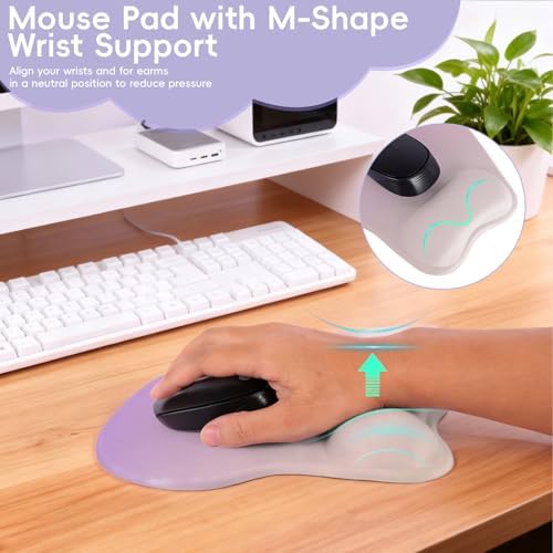 Mouse Pad with Wrist Rest Ergonomic Mouse Pad with Comfortable M-Shape Pain Relief Wrist Support Non-Slip PU Base Mousepad for Laptop, Office & Home (Lilac)