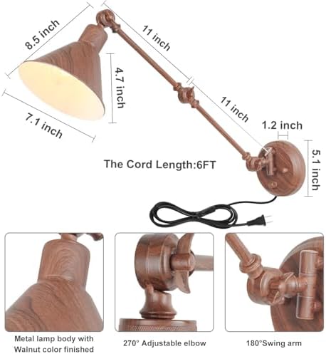 TRLIFE Wall Sconce Plug in, Dimmable Wall Sconce with Switch Swing Arm Wall Lights Plug in Wall Mounted Light Wall Sconces Lighting with 6FT Plug in Cord, E26 Base(1 Pack, Walnut Color)