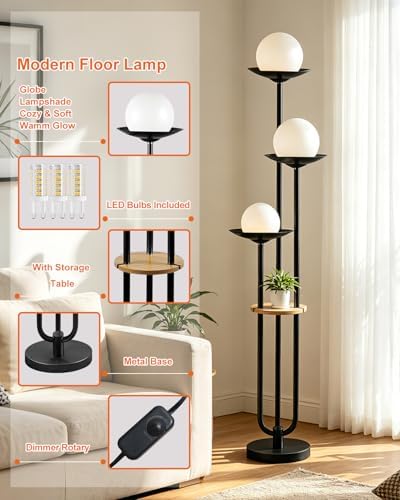 Lightdot 3-Globe Dimmable Floor Lamp with Table Modern Floor Lamps with 5Lbs Heavy Base for Wedding/Party 3000K Warm White Bulbs Included Black Standing Lamp for Living Room/Bedroom/Sofa Beside/Corner