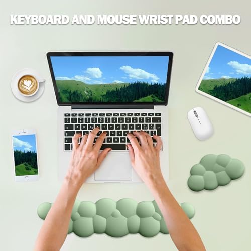 Cloud Keyboard Wrist Rest Mouse Pad Set, PU Leather Memory Foam Wrist Cushion Support, Mouse Wrist Pad, Non-Slip Wrist Support for Home, Office, Green Cloud