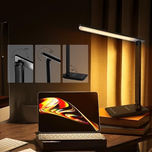 LED Desk Lamp Dimmable Table Lamp with USB Charging Port, 5 Lighting Modes, Sensitive Control, Foldable Portable Desk Light for Home Office Bedroom Reading (Black-Pro, Standard Size - 13.3 inch)