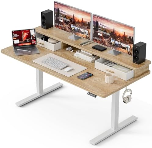 Grandder Electric Standing Desk with Two Drawers, Sit to Stand Up Height Adjustable Desk with Storage Shelf for Home Office, 55 * 24 Inch, Study, Ergonomic Adjustable Computer Desk, Oak