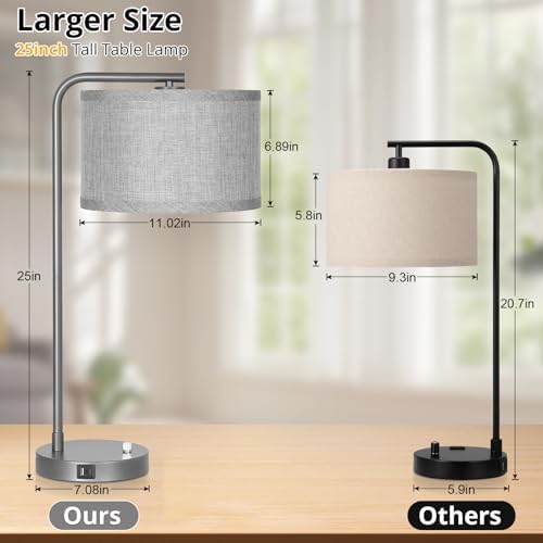 Gray Bedside Lamp with USB C+A Ports, Fully Dimmable Modern Nightstand Lamp