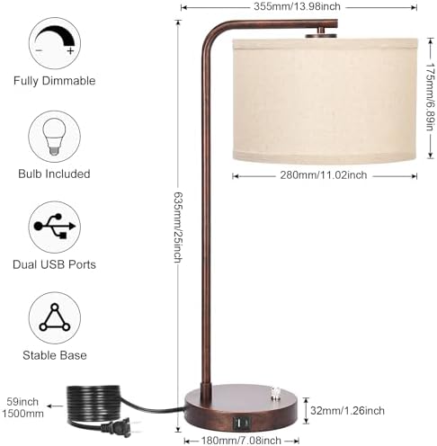 Vintage Table Lamp, Fully Dimmable Bedside Lamp with C+A USB Charging Ports