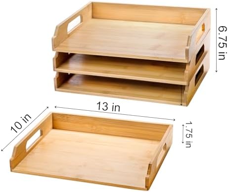 Okllen 3 Pack Stackable Paper Trays, Bamboo Desk Letter Tray Set, 3 Tier File Document Organizer Tray for A4 Paper, Magazine, Receipts, Office Supplies