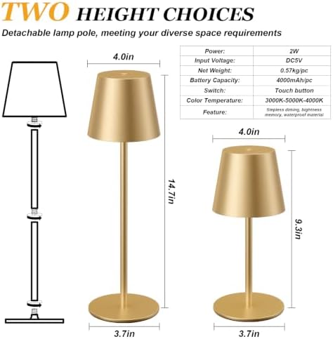 Kakanuo Cordless Table Lamp Rechargeable Gold - 4 Pack Battery Operated Lamp for Dining Table, 3 Color Stepless Dimming Wireless Lamp for Counter, Outdoor Patio, Touch Control
