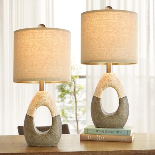 OYEARS 19” Boho Table Lamps Bedroom Living Room Set 2,Suitable for Small Space,Small Farmhouse RattanTable Lamp Rustic Egg Design Resin Light Decoration,Nightstand Bedside Lamps for Office Study Rest