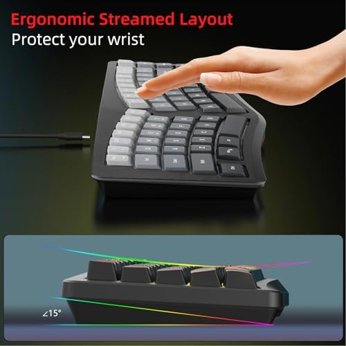 VBESTLIFE Wired Ergonomic Keyboard, Compact Mini Split Keyboard 69 Keys, RGB Backlight, Detachable Type C, for Desktop PC Laptop