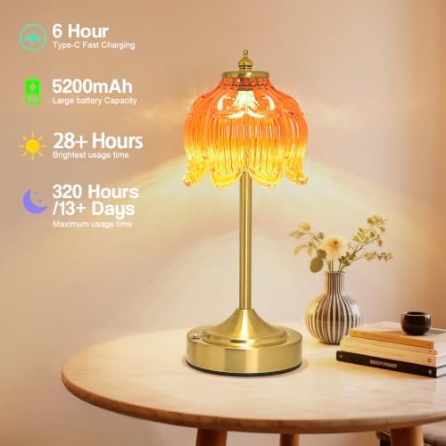 Cordless Table Lamp, Rechargeable Honey Glass Lotus Flower Lamp
