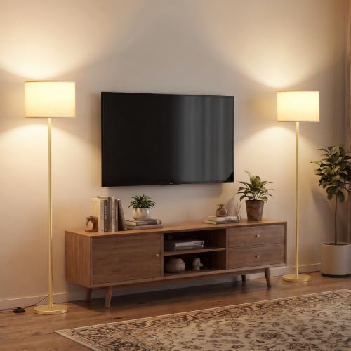 Ambimall 60'' Modern Floor Lamp Set of 2, 2PK Tall Lamps for Living Room Bedroom, Beige Shade with Gold Pole(Without Bulb)