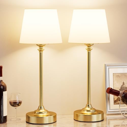 Kakanuo Cordless Table Lamps Rechargeable Set - 2 Pack Gold 4000mAH Battery Operated Lamps for Decor, 3000K Stepless Dimming Touch Wireless Lamp for Bedroom, Dining Table, Living Room, White Shade