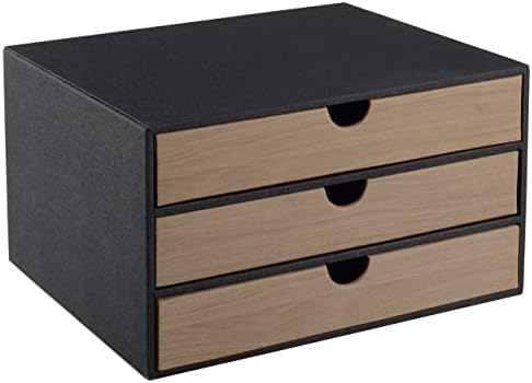Fashion Multicolor Collocation Leather Desk Organizer File Cabinet Executive Office Supplies Desktop Filing A4 Contract Document Stackable Storage Box with 3 Drawers (Black)