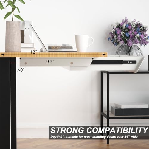 White Large Under Desk Mounted Sliding Drawer with 2 Cable Hole and 60 Degree Tilt Panel to Pull Out, 22.4'' Long & 9.2'' deep Large Storage Organizer for Sit Stand Workstation